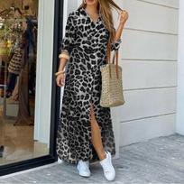 Moteriška vasarinė leopardo rašto suknelė-marškiniai - Ilgomis rankovėmis gyvūno rašto midi suknelė, lengva atostogų apranga su diržu S