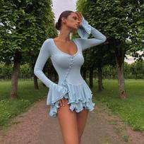 Autumn new hot-selling horn sleeves waist short skirt sexy hottie single-breasted dress women S