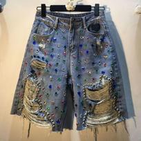 Women's Low Rise Bermuda Shorts Wide Leg Fit Rhinestone Beaded Ripped Distressed Elegant Denim Shorts S mėlyna