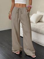 Women's Mid Rise Wide Leg Pants Loose Fit Trousers Casual Drawstring Woven Summer Long Trousers for Daily Wear S