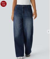 Women's Mid Rise Wide Leg Jeans Loose Denim Pants Mild Stretch Vintage Washed Texture 2025 Spring Urban Casual Printed Long Trousers S