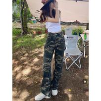 Women's High Waist Cargo Pants Wide Leg Trousers Camo Print No Stretch Vintage Washed Streetwear Denim Long Pants S