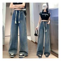 Women's Elastic Drawstring High Waist Wide Leg Jeans Vintage Washed Denim Draped Floor Length Loose Straight Casual Student Trousers S