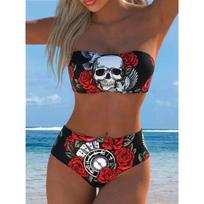 2026 Skull Flower Print Bandeau Two Piece Bikini Set Women High Waisted Push Up Swimsuit Swimwear Beach Vacation Summer Swimsuit S