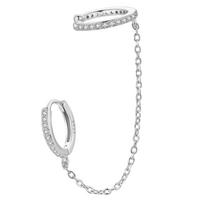 Hoop earring and ear cuff with crystals connected by a chain with a silver clasp