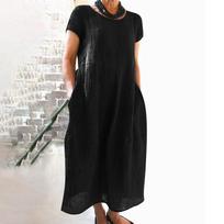 Women's Summer Casual Color Short-sleeve O-neck Stitching Loose Pocket Cotton Linen Dress M