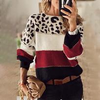 Women's Fashion Casual Stitching Print Sweater Set Round Neck Warm Long-sleeved Sweater L