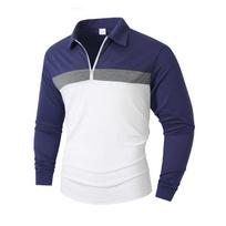 Mens Long Sleeve Color Block Zip Polo Shirt Loose Casual S