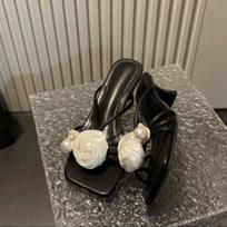 Fashion Shoes Slippers Women Summer Slides Thin Heels Fashion Heeled Mules Flower Low Pantofle Luxury High 2025 Rome Rubber Floral Fabri 35