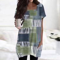 Womens Tops Square Collar Short Sleeve Blouses Casual Mid-length Shirts Fashion Print Tunic Tops With Pockets L