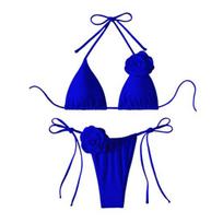 2 vnt./kompl. Moteriškas bikini komplektas su raišteliais, halterio tipo, su paminkštinta liemenėle, maudymosi šortų komplektas, 3D gėlių dekoras, paplūdimio stiliaus maudymosi kostiumėlis S