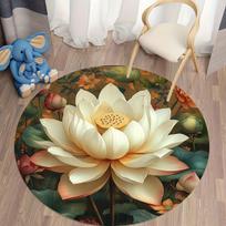 Vintage Indian Lotus Round Rug Non-Slip Machine Washable Floor Mat 2D Flat Yoga Meditation Cushion for Living Room Bedroom 60X60cm