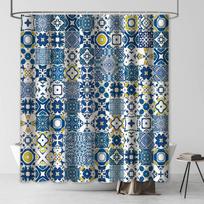 Blue and Yellow Tiles Shower Curtain Modern Retro Textures Morocco Mosaic Portuguese Mediterranean Shower Curtain for Bathroom 90x180CM