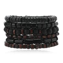6-Piece Wood Bead & Volcanic Stone Cross Pendant Handmade Elastic Bracelet Set
