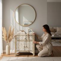 Wood Bone Inlay Nightstand Cabinet Storage, Side Desk Dressers with Drawer Chest & Cupboard  Home Decor Bone Bedside Sideboard Furniture