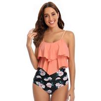 Women's Ruffle Flounce Top High Waist Bikini Set Two Piece Tummy Control Modest Printed Summer Beach Bathing Suit Swimwear S