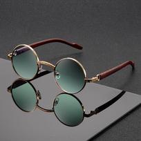 1pc retro round-frame fashion sunglasses with unique wood-grain imitation temple design, unisex, essential for travel