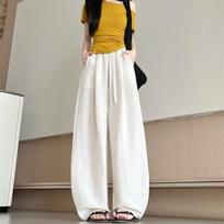 Women's High Waist Curved Wide Leg Pants Loose Korean Style Solid Rayon Crinkle Drawstring Elastic Waist Casual Trousers 2026 Summer Daily Outfit S