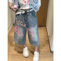 Women's High Rise Denim Capri Pants Wide Leg Loose Fit Streetwear Graffiti Printed Cropped Jeans S