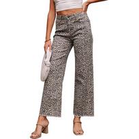 Women's High Waist Straight Leg Jeans Leopard Print Raw Hem Stretch Denim Pants Streetwear Long Trousers For Summer Daily Outfit 4