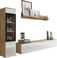 TV wall unit 180 cm, display cabinet and shelf, standing/hanging, wotan white gloss