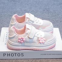 Girls Tennis Shoes Mesh Breathable Kids Flat Shoes with Sweet Flowers 2025 New Children Sports Shoes Hook&loop White Trendy 27 rožinė