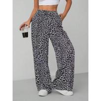 Women's Leopard Print Drawstring Waist Wide Leg Pants With Pockets S