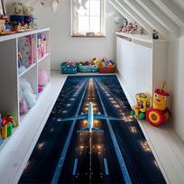 Aviation Runway Hallway Rug with Plane Icon and Warm Lights Non-Slip Black Carpet with White Markings for Home Decor 60cm x 90cm