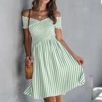 Off Shoulder Striped Dress Women Short Sleeve Elastic Waist Casual Summer Knee Length Dress with Ruffled Hem XXL žalia
