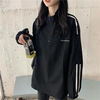 Women's Half Zip Stand Collar Sweatshirt Loose Stripe Splice Letter Print Korean College Style Lightweight Fall Pullover Top M
