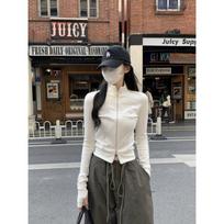 Women's Stand Collar Long Sleeve Zip Up Top Slim Fit Commuter Style Solid Color Ribbed Cropped Cardigan Casual Fall Jacket S