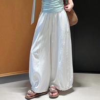 Women's High Waist Wide Leg Pants Loose Fit Trousers Lace Ruffle Trim Summer Sweet Girly Daily Casual Bottoms S
