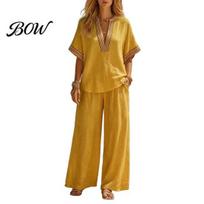 Slimming Leg Pants Color Block 2 Piece Sets for Women, Short Sleeve V Neck Lightweight Summer Trousers Top And Wide Matching Sets, S