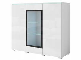 Modern high display cabinet 120 cm for the living room, 3-door, white gloss glass
