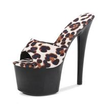 IELGY Fine Heel Stitching Fish Mouth Slippers Cloth Large Size Super High Heel Heel Height 15cm Women's Leopard Print 34
