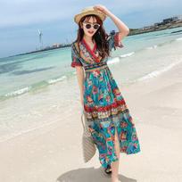 Bohemian Floral Dress Summer Fairy Dresses Holiday Chiffon Beach Dress Ethtic Style Short Sleeve V-neck Split Hem S