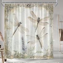 Vintage Curtain - Dragonflies & Lavender, Polyester, 12 Hooks, Machine Washable, 70.8In W90XH180cm