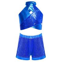 Girls Sparkly Sequins Jazz Crop Top Cross Keyhole Design Metallic Shorts Elastic Waist Dance Outfit 5-6 Years
