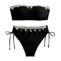 2Pcs/Set Women Bikini Set, Sexy Solid Color Tube Top Swimsuit with Chest Pad No Steel Support, High Waist Beachwear with Shell Decor M