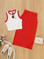 Women's Relaxed Two-piece Skirt Set Sleeveless Color Block Crop Top High Waist Midi Skirt XS