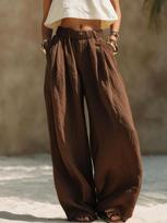 Women's Mid Rise Linen Cotton Wide Leg Pants Loose Solid Drawstring Elastic Waist Trousers Vintage Casual Pocket Long Pants Summer Beach Outfit S