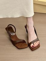 Leopard print ceiling! Temperament square head suede word with wedge heel sandals women's summer open toe side empty sandals 34