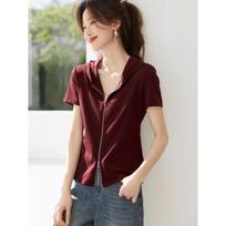 Summer Women's Burgundy Hooded T Shirt Zip Up Short Sleeve Casual Top S