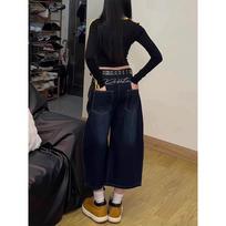Women's High Waist Wide Leg Denim Culottes Baggy Curved Pants Embroidered Dark Blue Non-Stretch American Streetwear Summer 7-Point Casual Bottoms S