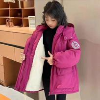 Winter Girls Long Parka Jacket Solid Color Lining Plush Thick Warm Hooded Coats Teen Fashion Snowsuit 110cm