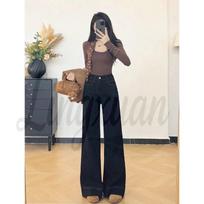 Women's High Rise Wide Leg Jeans Loose Fit Flare Denim Pants Solid Black Washed Stretch Floor Length Trousers XS