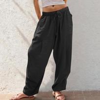 Women's Mid Rise Drawstring Wide Leg Pants Loose Fit Straight Leg Linen Trousers Solid Color Pocket Casual Lounge Summer Pants S