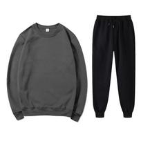Cross-border men's and women's crew neck sweater set, solid color light board fleece loose jumper 2-piece sportswear set S