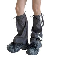 Women Baggy Loose Leg Warmers Gaiters with Drawstring Harajuku Side Double Stripe Cargo Foot Cover Flared Footless Socks