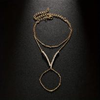 Rhinestone V Shape Hand Chain Double Layer Finger to Wrist Bracelet for Women Boho Hand Jewelry New